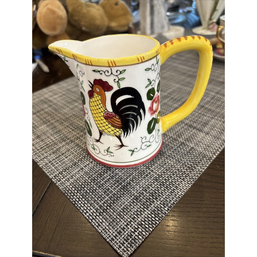 PY Ucagco Vintage Ceramic Rooster & Roses Milk Pitcher/Creamer Country Kitchen